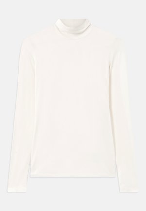 White turtleneck long-sleeve top made of smooth, stretchy fabric. Features a high neck and fitted design with no patterns or accents.