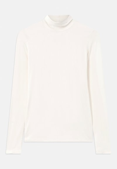 Maglione a collo alto bianco a maniche lunghe realizzato in tessuto morbido ed elastico. Presenta un collo alto e un design aderente senza motivi né accenti.