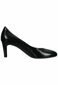 Černé kožené lodičky s špičatou špičkou a mírným podpatkem. Vyznačují se hladkým, lesklým povrchem a elegantním, minimalistickým designem.