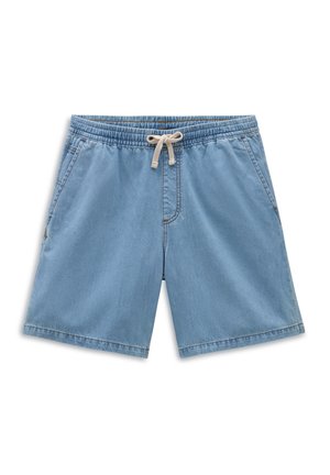 Short en denim bleu clair avec taille élastique et lien blanc, doté de poches latérales et d'une coupe au genou.