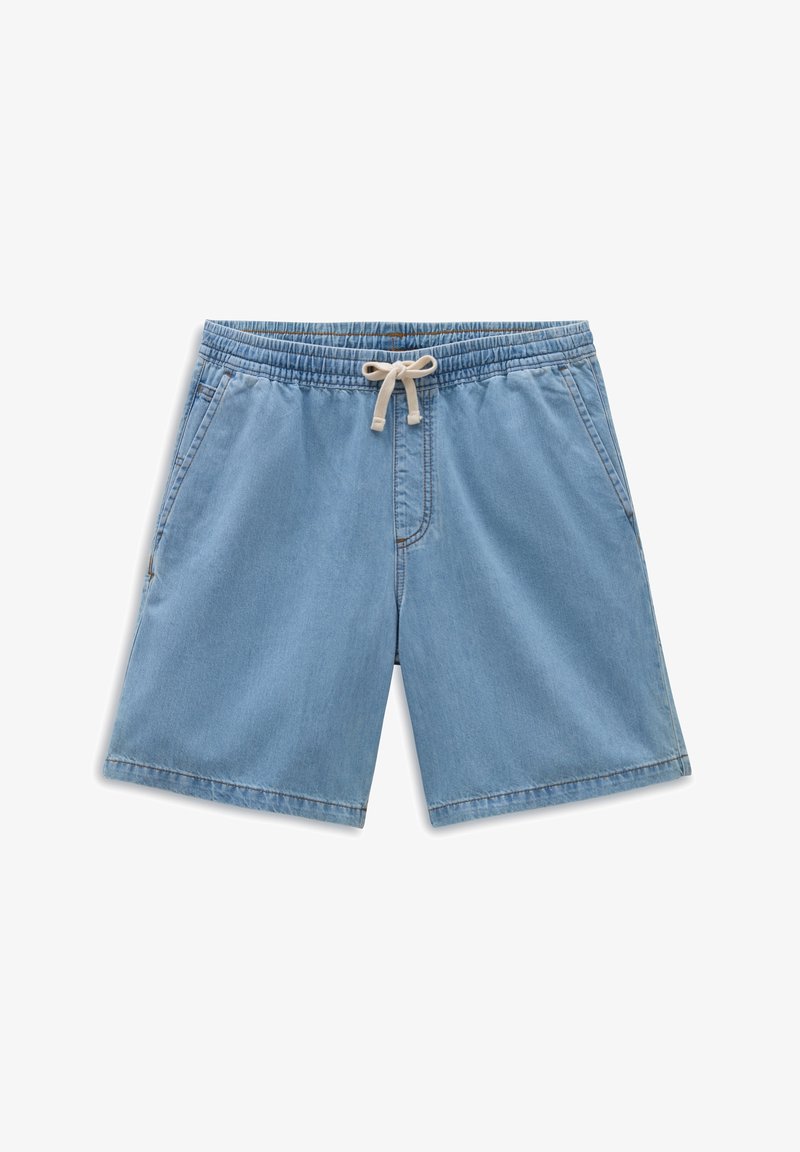 Short en denim bleu clair avec taille élastique et lien blanc, doté de poches latérales et d'une coupe au genou.