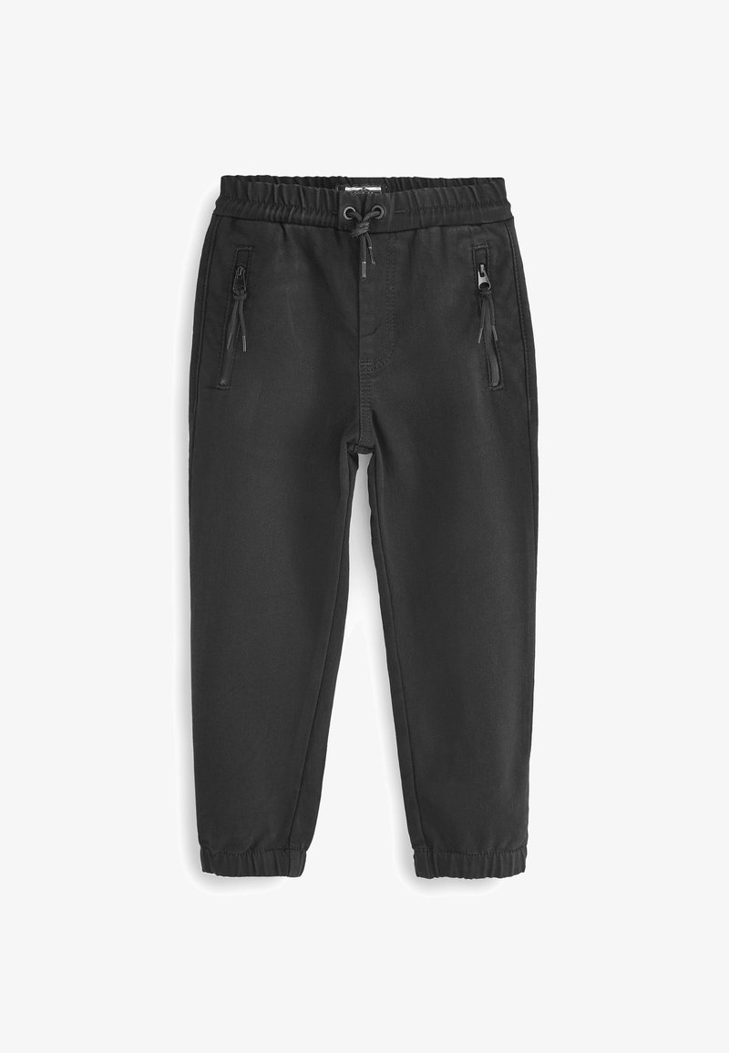 Pantalon de jogging noir avec taille élastique, cordon de serrage, deux poches avant zippées et poignets élastiques aux chevilles.