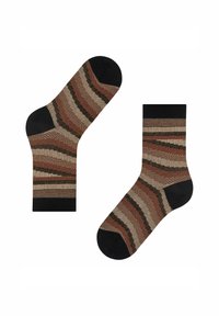Gestreifte Socken, die eine Mischung aus Braun, Beige und Schwarz zeigen, aus einem strukturierten Stoff mit einem gerippten Bündchen und einer verstärkten Zehenpartie gefertigt.