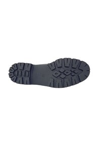 Suola di scarpa in gomma nera con battistrada profondo, motivi angolari e una sezione centrale liscia. Caratteristiche evidenti di grip sul tallone e sulla punta.