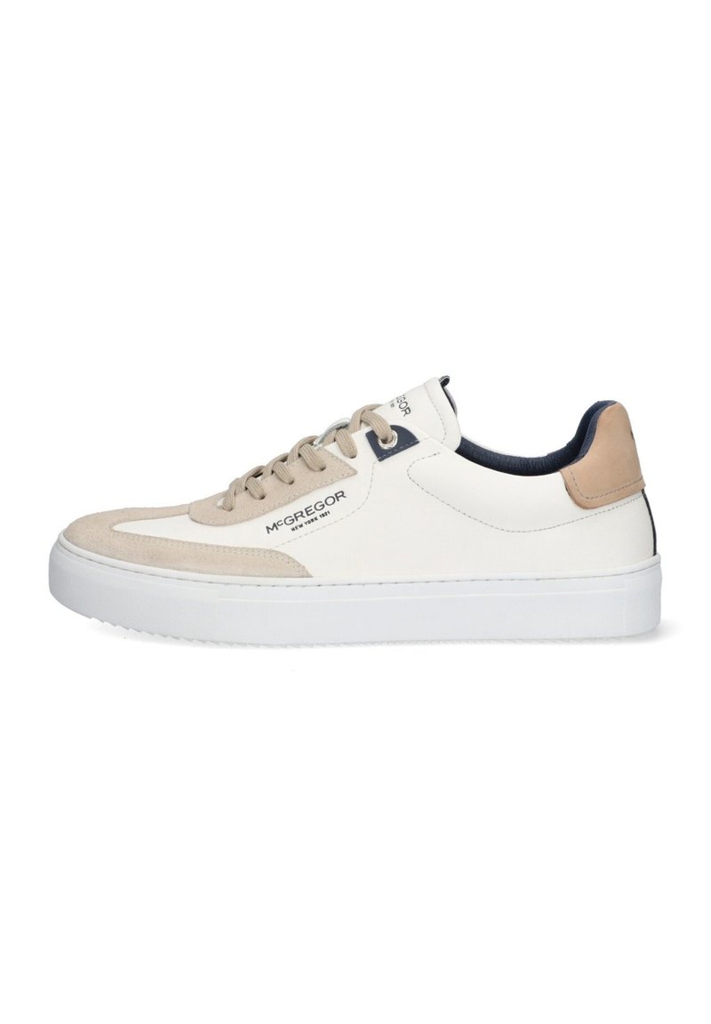 White leather sneakers with beige suede accents; flat sole, round toe, and beige heel tab; features laces and branding on the side.