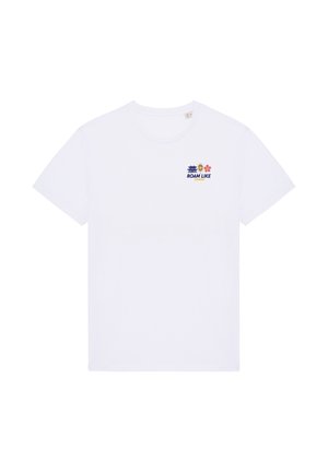 White short-sleeve T-shirt with small chest design featuring a temple, lantern, pink flower, and text "ROAM LIKE SUMMER."