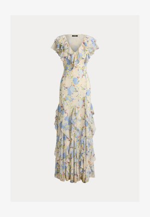 Μακρύ φόρεμα με λουλούδια σε παστέλ αποχρώσεις γαλάζιου, κίτρινου και ροζ, με βολάν στο V-λαιμόκοψη, κοντά φαρδιά μανίκια και στρωμένα βολάν στη φούστα.