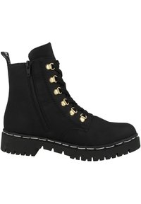 Black ankle boot with a round toe, made from smooth material. Features gold-tone eyelet hardware, a side zipper, and a chunky sole with white stitching.