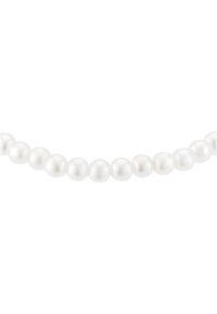 Collana di perle bianche con perle rotonde di dimensioni uniformi. Texture liscia con una sottile lucentezza, infilata insieme per un aspetto classico.