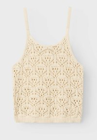 Kremowy crop top dzianinowy z misternym wzorem koronkowym, cienkimi ramiączkami i ściągaczem. Idealny na ciepłą pogodę.