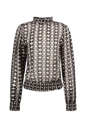 Transparante zwarte en witte blouse met lange mouwen, voorzien van een gerimpelde hoge hals, bedrukt met geometrische vormen, en met een gathered zoom en manchetten.
