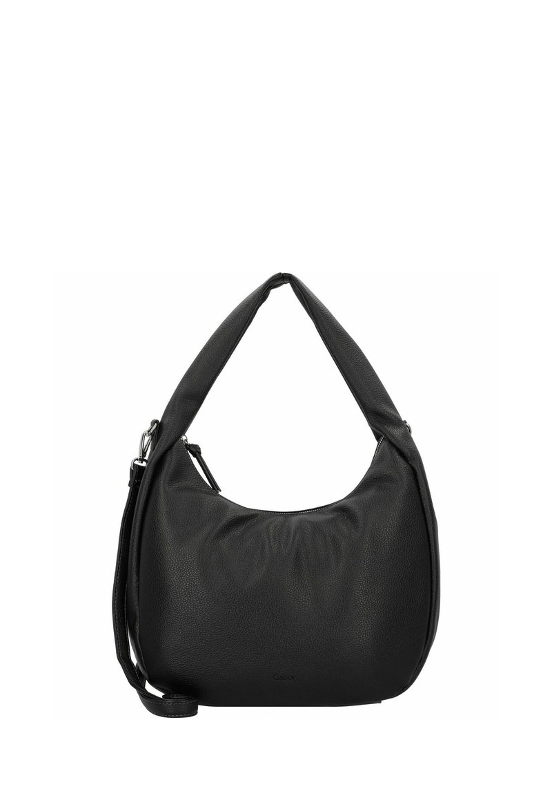 Borsa a spalla in pelle nera con una forma morbida e arrotondata, un manico superiore singolo e una tracolla regolabile; superficie textured senza hardware visibile.