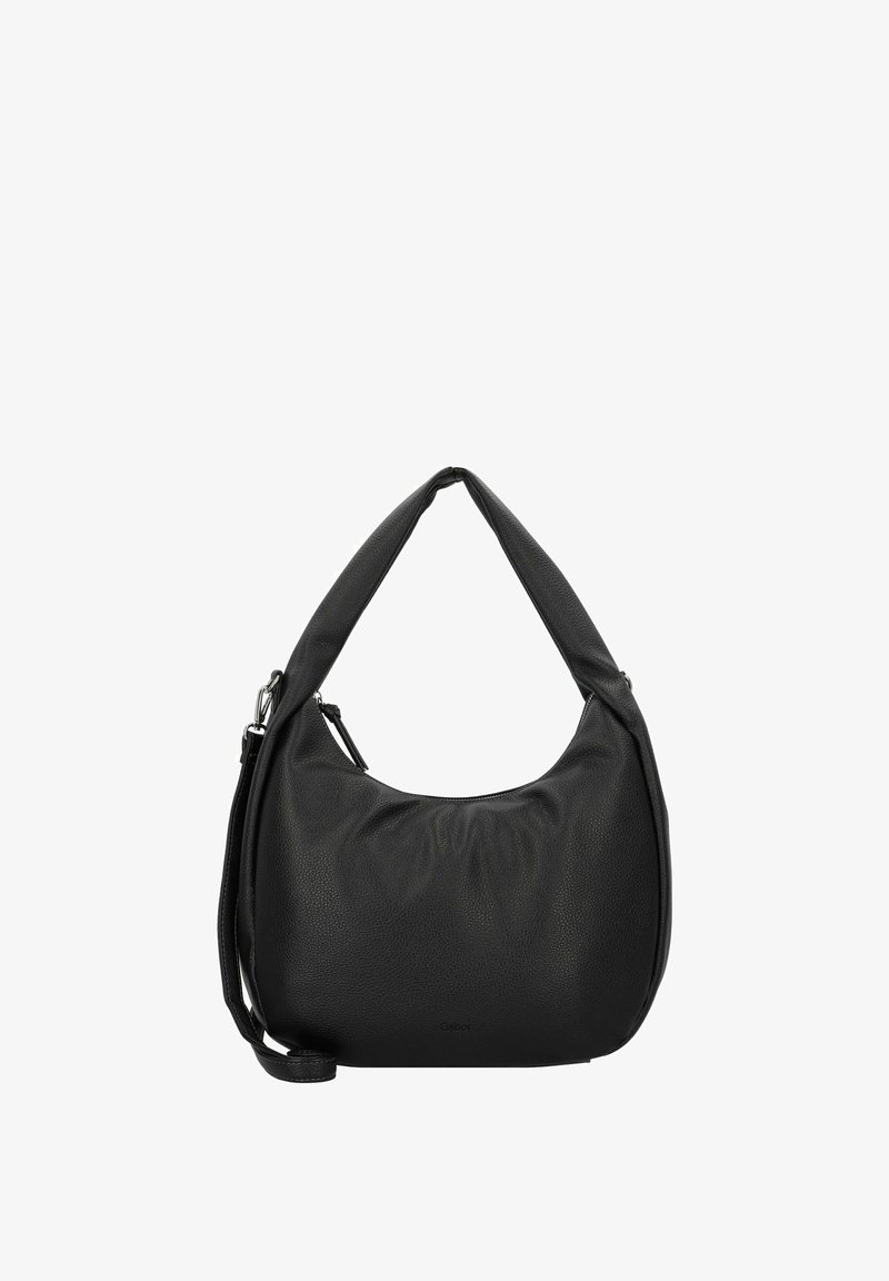 Zwarte leren schoudertas met een zachte, ronde vorm, een enkel handvat aan de bovenkant en een verstelbare schouderband; textuur oppervlak zonder zichtbare hardware.