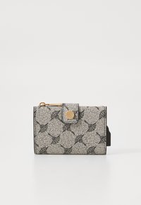 Black and white patterned wallet with a textured finish, featuring a gold snap closure and accent hardware on a compact, rectangular design.