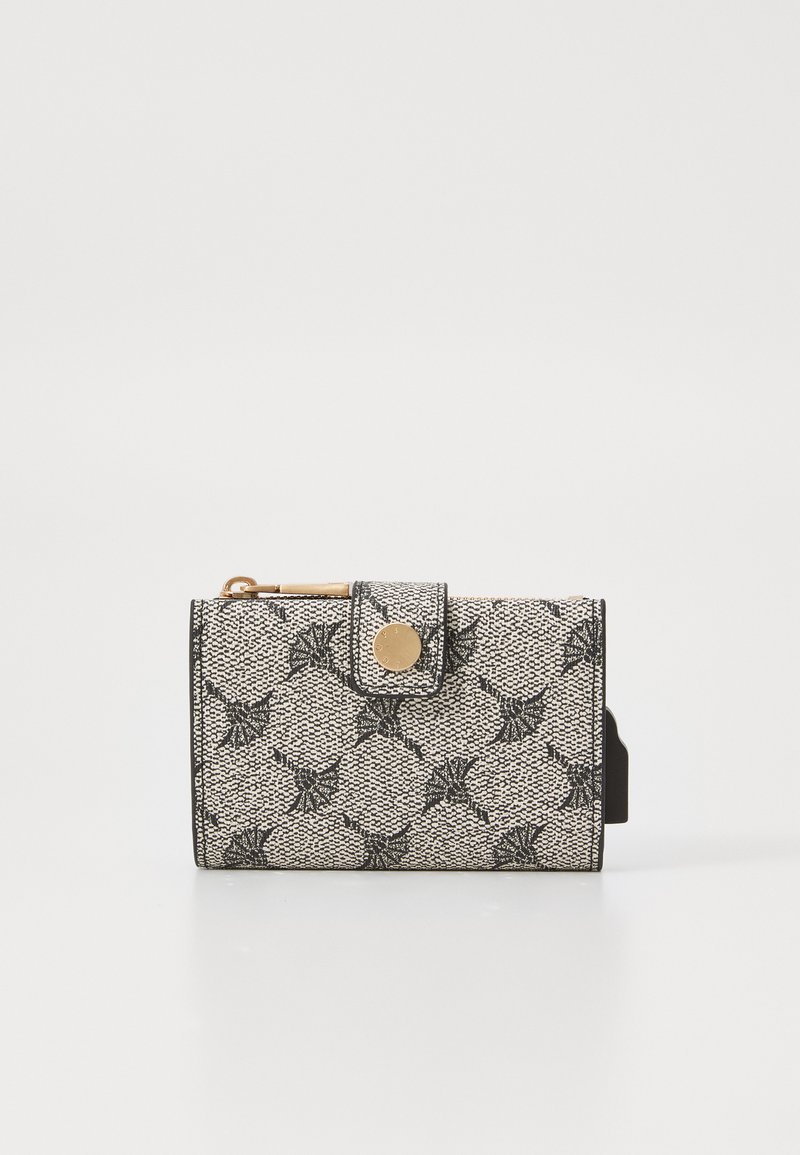Black and white patterned wallet with a textured finish, featuring a gold snap closure and accent hardware on a compact, rectangular design.