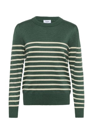 Green sweater with cream horizontal stripes. Ribbed neckline and cuffs. Made from a soft material, featuring a classic round neck design.