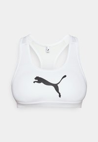 Hvit sports-BH med svart Puma-logo, med racerback-design, glatt tekstur og sydd detaljer.