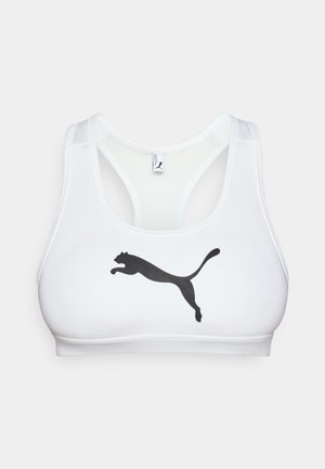 Weiße Sport-BH mit einem schwarzen Puma-Logo, ausgestattet mit einem Racerback-Design, glatter Textur und gesteppten Details.