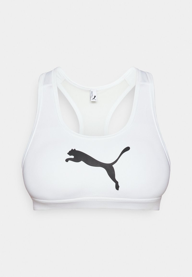 Sostén deportivo blanco con un logo negro de Puma, que presenta un diseño de espalda nadadora, textura suave y detalles cosidos.
