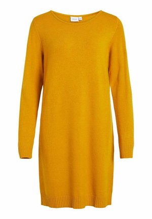 Robe tricotée jaune moutarde à manches longues, col rond et poignets et ourlet côtelés. Texture lisse, design longueur genoux.
