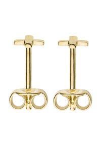 Ohrringe in Goldfarbe mit einem minimalistischen Kreuzdesign oben und runden Schlaufen unten. Glatte, polierte Oberfläche.