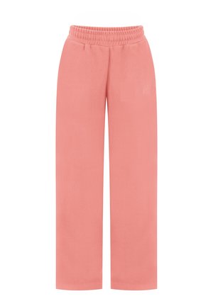 Pantalones anchos de pierna rosa con cintura elástica, tela suave y logo sutil bordado en el muslo derecho.