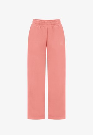 Różowe spodnie o szerokich nogawkach z elastycznym paskiem w talii, gładką tkaniną i subtelnym przeszytym logo na prawej udzie.