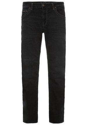 Jeans de denim negro con un corte recto, que presentan costuras en contraste, un diseño tradicional de cinco bolsillos y cierre de cremallera.