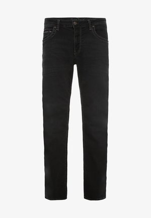 Jean en denim noir avec une coupe droite, présentant des coutures contrastantes, un design traditionnel à cinq poches et une fermeture à glissière.