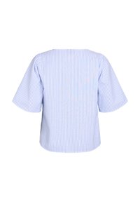 Blue and white striped short-sleeve shirt with a straight cut and a square back. Made from lightweight fabric, featuring a soft texture.