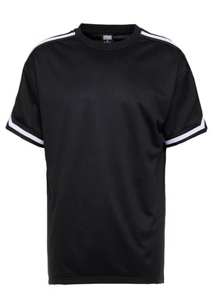 Zwart sport T-shirt met korte mouwen met witte strepen op de schouders en mouwboorden, ronde hals en ademende stof.