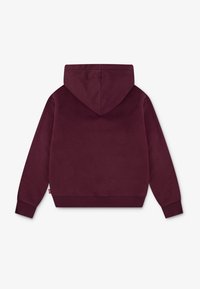 Sweatshirt cu glugă de culoare bordo închis așezat plat, arătând partea din spate, cu manșete și tivuri cu nervuri, pe un fundal alb.