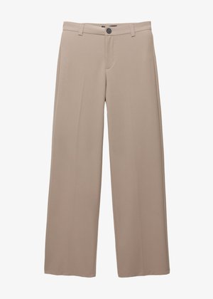 Pantalons larges beige en tissu lisse, dotés d'une fermeture à bouton, d'anses de ceinture et d'une silhouette droite sans motifs visibles.