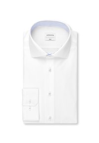 Hvid skjorte i slank pasform med bred krave og knaplukninger ved manchetterne, pænt foldet med lyseblåt, stribet indre kravedetalje.