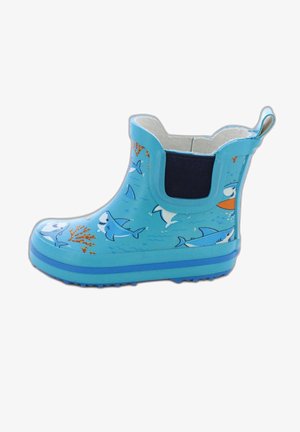 Botte de pluie en caoutchouc bleue avec des motifs de requin et de corail, panneau latéral élastique, semelle texturée et une languette au talon pour un enfilage facile.