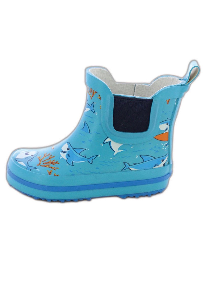Botte de pluie en caoutchouc bleue avec des motifs de requin et de corail, panneau latéral élastique, semelle texturée et une languette au talon pour un enfilage facile.