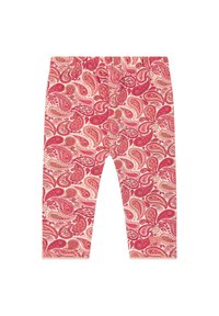 Leggings de algodón con un patrón de cachemira en tonos rosa y crema, cintura elástica, forma ajustada y textura suave.