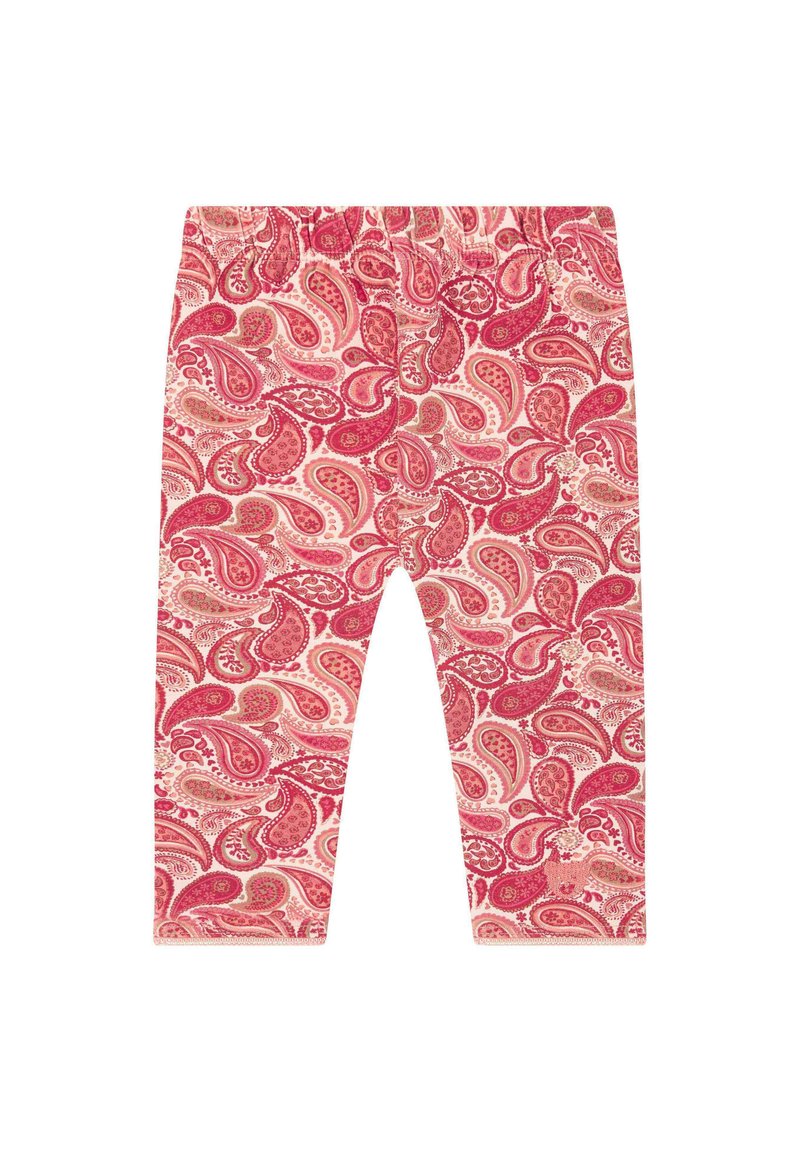 Leggings de algodón con un patrón de cachemira en tonos rosa y crema, cintura elástica, forma ajustada y textura suave.