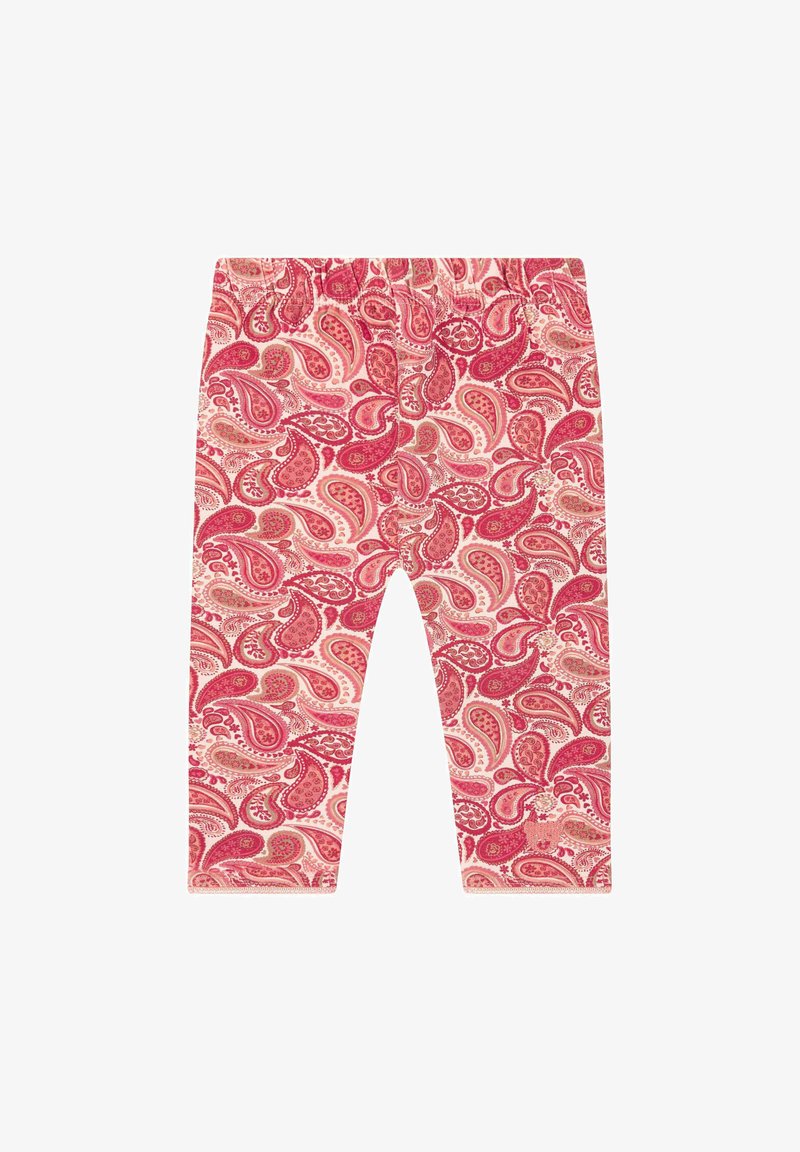 Katoenen legging met een roze en crèmekleurig paisleypatroon, elastische tailleband, aangesloten vorm en een gladde textuur.