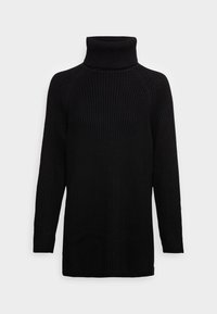 Maglione a collo alto nero a coste con maniche lunghe e vestibilità rilassata; presenta un collo alto e un tessuto testurizzato.