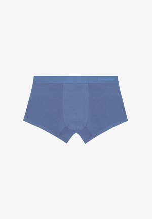 Blauwe boxershorts gemaakt van een zachte stof, met een effen ontwerp en een soepele tailleband met de merknaam "yamamay" gedrukt in lichtblauw.