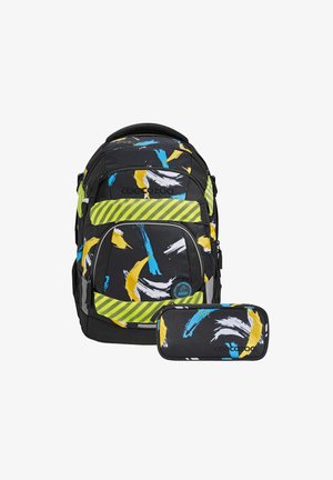 Black backpack with colorful brushstroke patterns in blue, yellow, and white. Features a green striped accent and a matching pencil case.