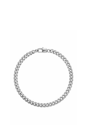 Pulsera de cadena de plata con cierre de langosta, mostrada en forma circular sobre un fondo blanco.