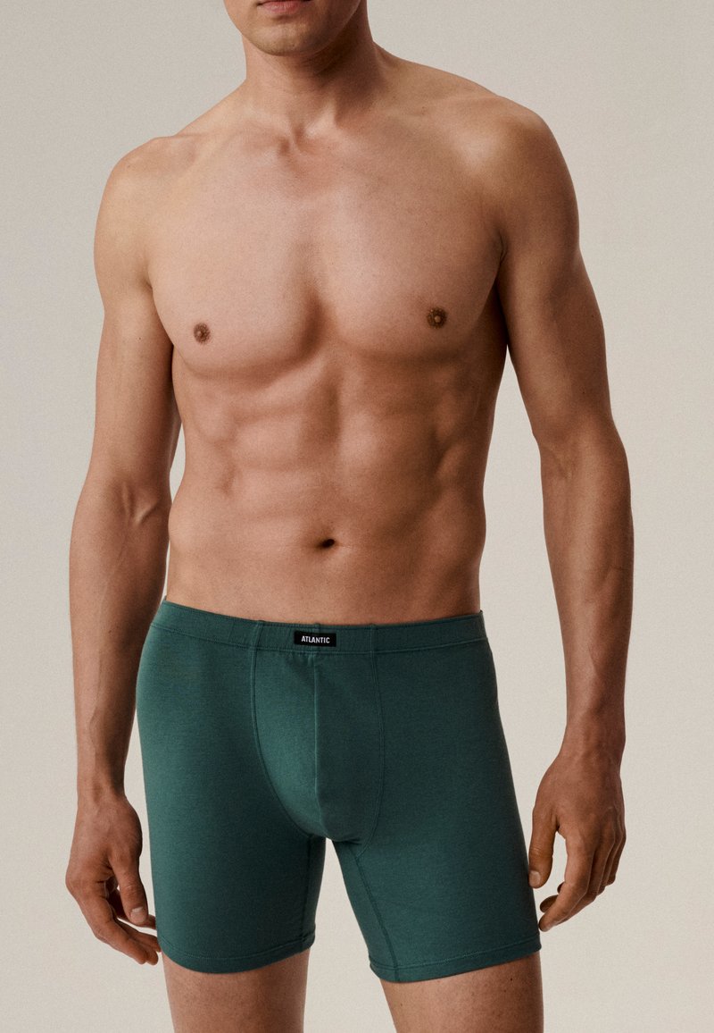 Zielone bokserki bawełniane z domieszką, z markowym paskiem, elastycznym dopasowaniem i gładką teksturą. Nosi je mężczyzna o atletycznej budowie.