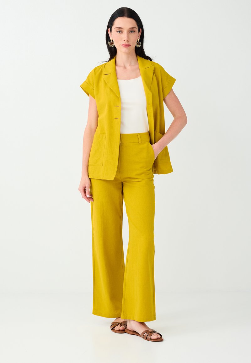 Femme aux cheveux noirs porte un blazer jaune moutarde à manches courtes et un pantalon large, un haut blanc, de grandes boucles d’oreilles rondes et des sandales marron.