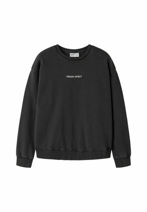 Sweat-shirt noir à manches longues avec poignets et ourlet côtelés, avec le texte blanc "URBAN SPIRIT" centré sur la poitrine.