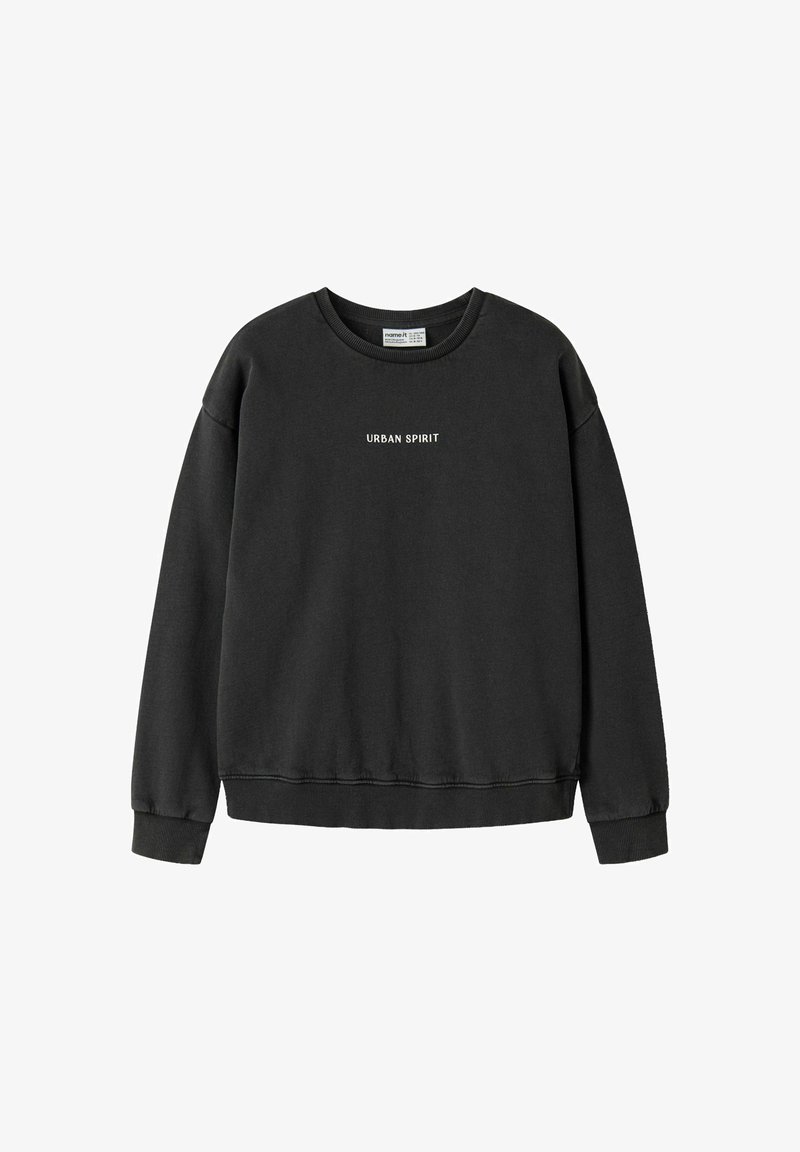 Sweat-shirt noir à manches longues avec poignets et ourlet côtelés, avec le texte blanc "URBAN SPIRIT" centré sur la poitrine.