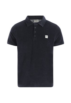 Navy blue polo shirt in soft terry fabric, featuring a collar, three-button placket, and small logo patch on the chest.