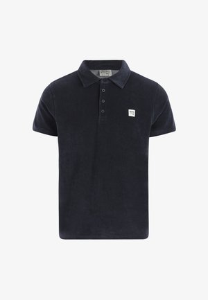 Marineblaues Poloshirt aus weichem Frottee-Stoff, mit Kragen, Drei-Knopf-Leiste und kleinem Logopatch auf der Brust.