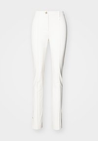 Weiße maßgeschneiderte Hosen mit einem eleganten Design, aus glattem Stoff gefertigt. Mit einem Reißverschluss und subtilen goldenen Akzenten am Bund.